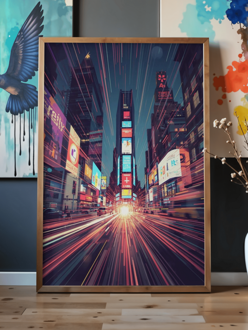 Framed artwork of a vibrant city street scene with bright lights and tall buildings.