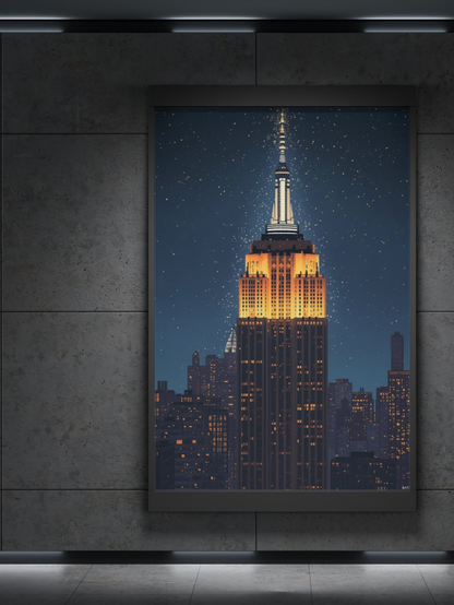 Framed artwork of the Empire State Building at night on a textured wall.