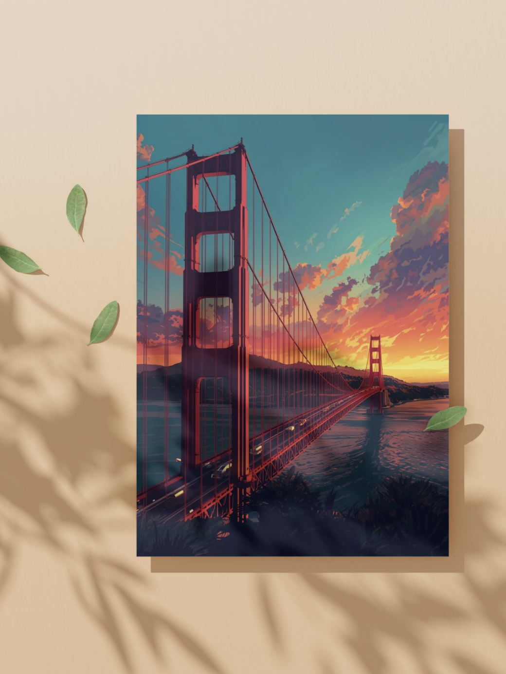 Framed artwork of the Golden Gate Bridge at sunset on a beige background