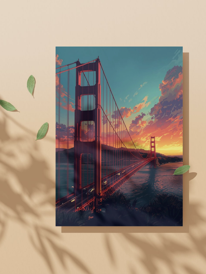 Framed artwork of the Golden Gate Bridge at sunset on a beige background