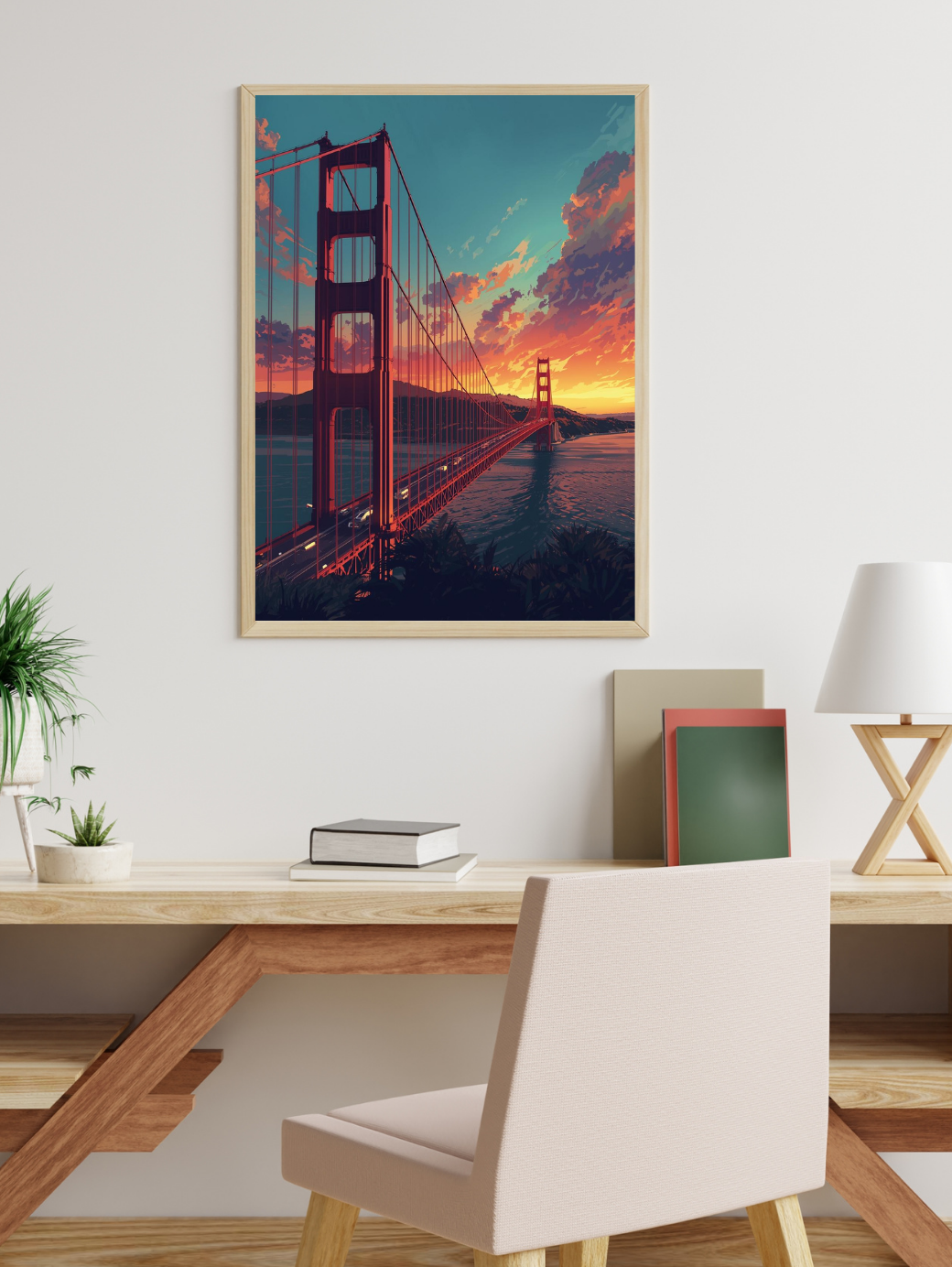 Framed artwork of a sunset over a bridge in a home office setting.