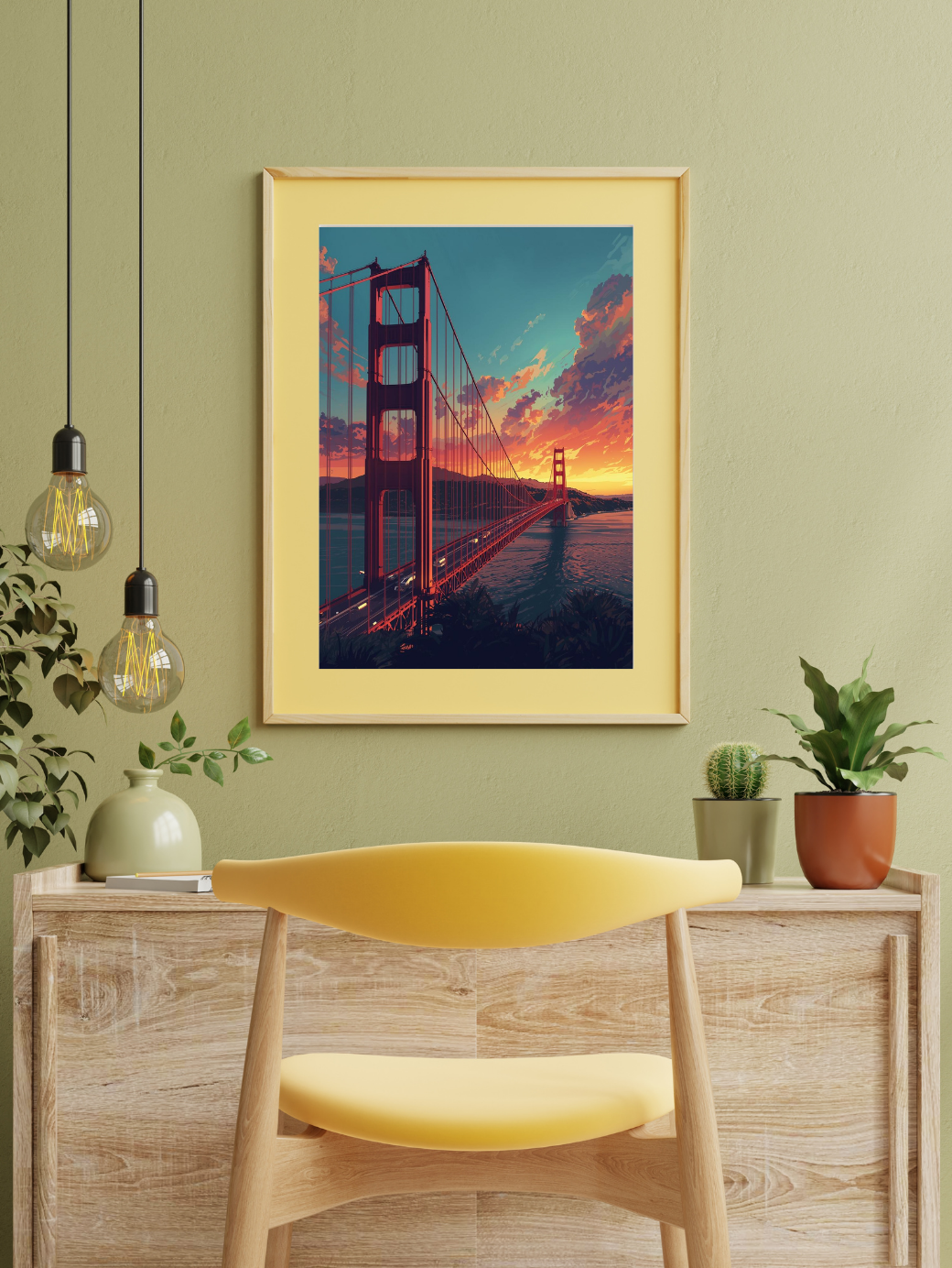 Framed artwork of the Golden Gate Bridge at sunset in a room with a yellow chair and decorative items.