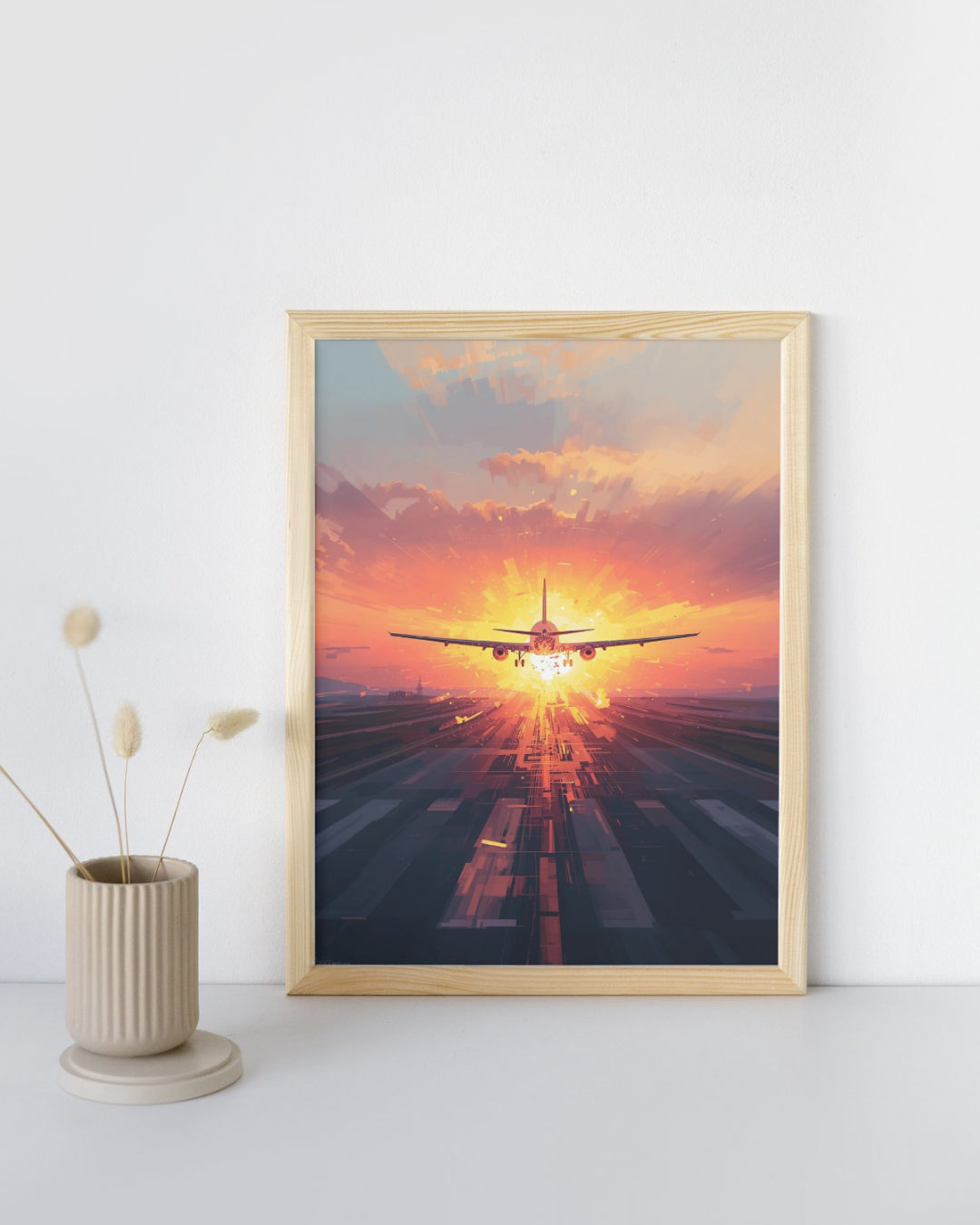 Framed artwork of an airplane taking off at sunset with a vase on a white surface.