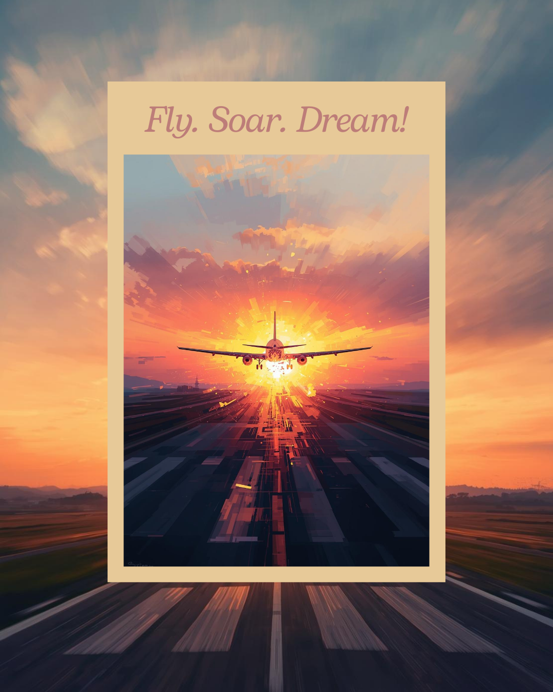 Airplane taking off at sunset with 'Fly. Soar. Dream!' text