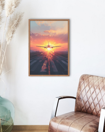 Framed artwork of an airplane taking off at sunset above an airport runway, hanging on a wall next to a chair.