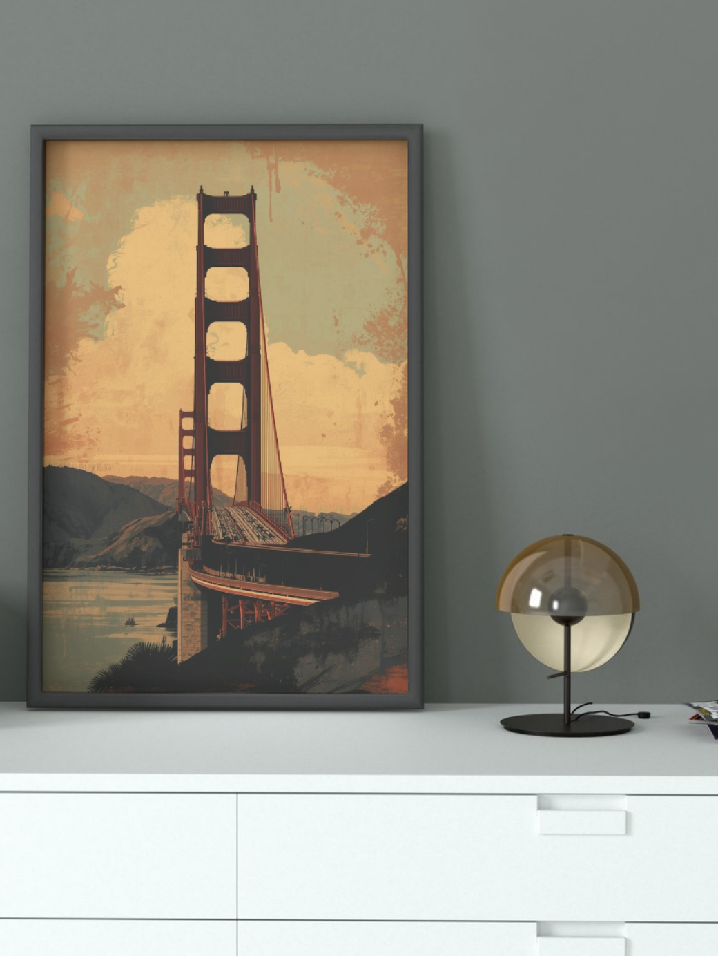 Framed artwork of the Golden Gate Bridge on a gray wall above a white surface with a lamp.