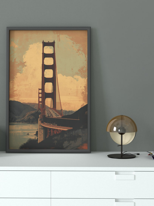 Framed artwork of the Golden Gate Bridge on a gray wall above a white surface with a lamp.