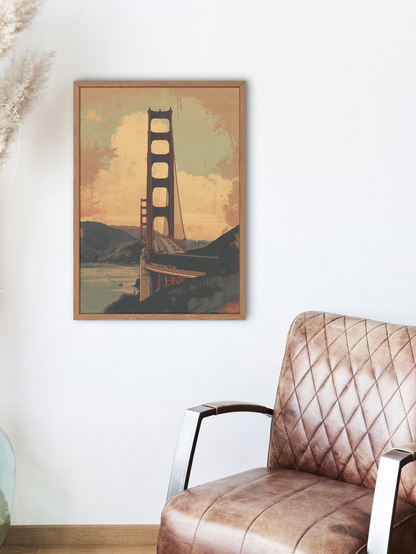 Framed artwork of the Golden Gate Bridge above a brown leather chair.