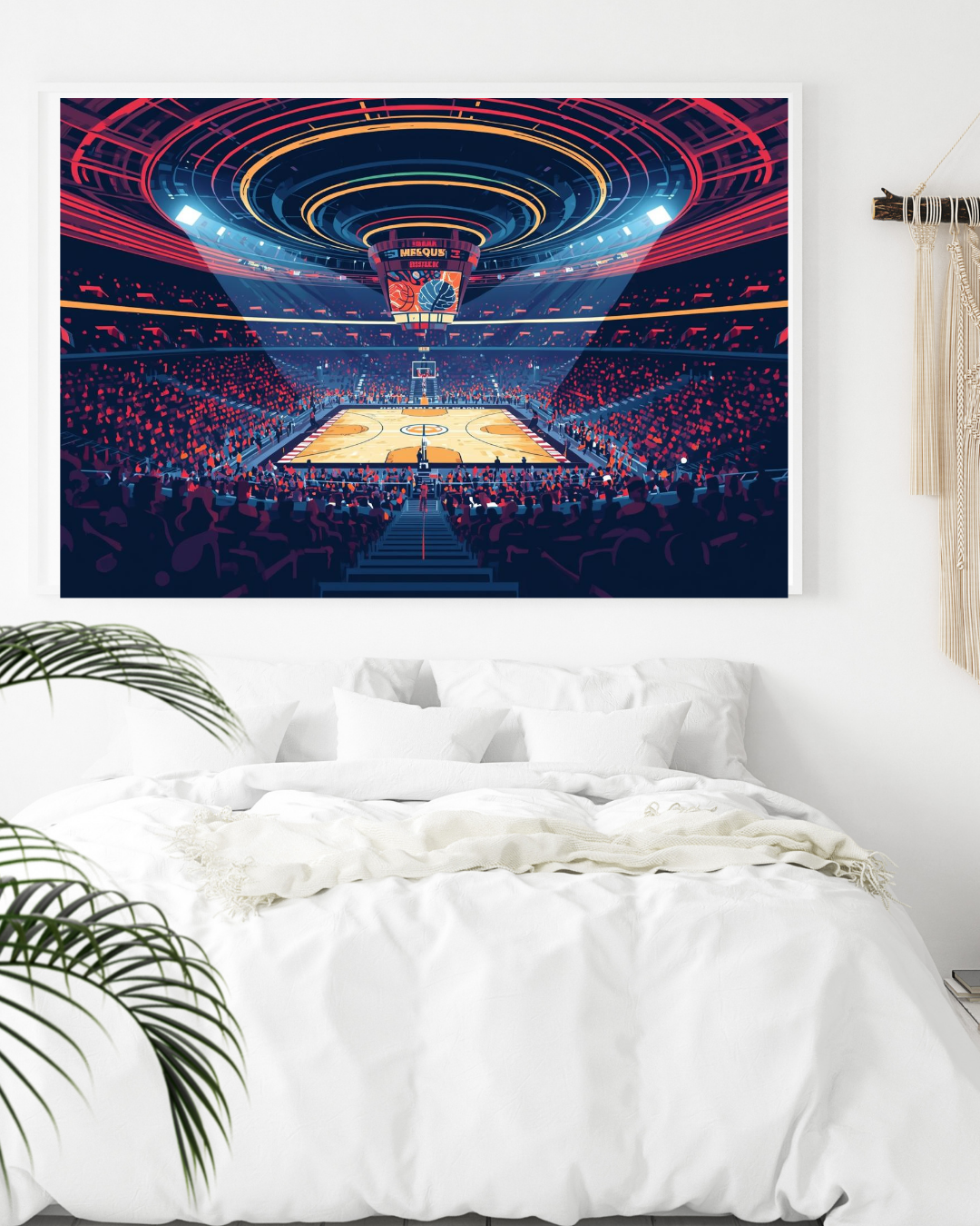 Basketball arena poster on a wall above a bed
