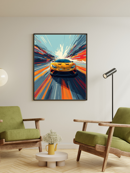 Modern living room with a vibrant abstract painting of a yellow sports car on the wall.