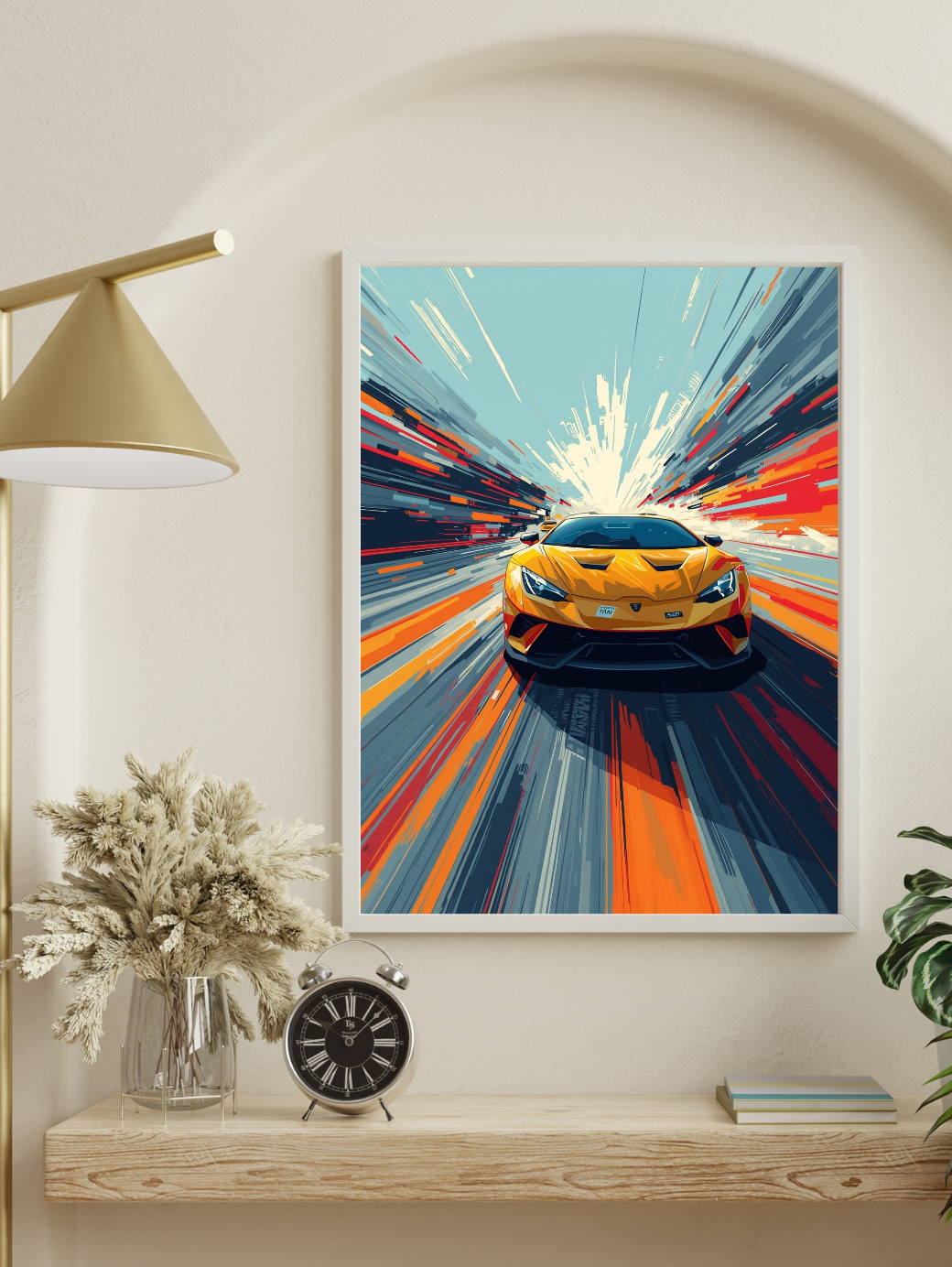 Framed artwork of a yellow sports car on a dynamic road, above a wooden shelf with decor items.