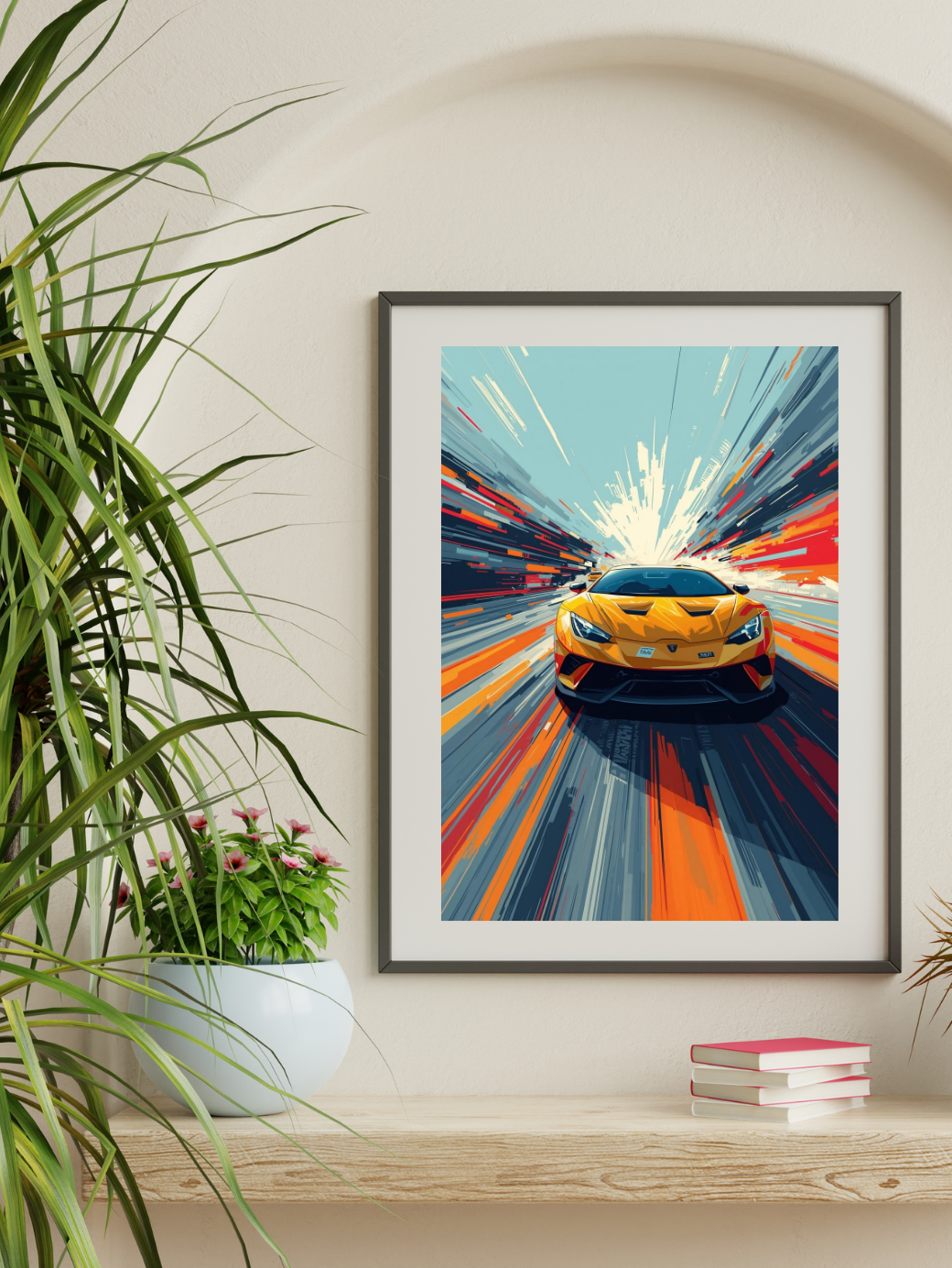 Framed artwork of a yellow sports car on a colorful road with plants and books in the background.