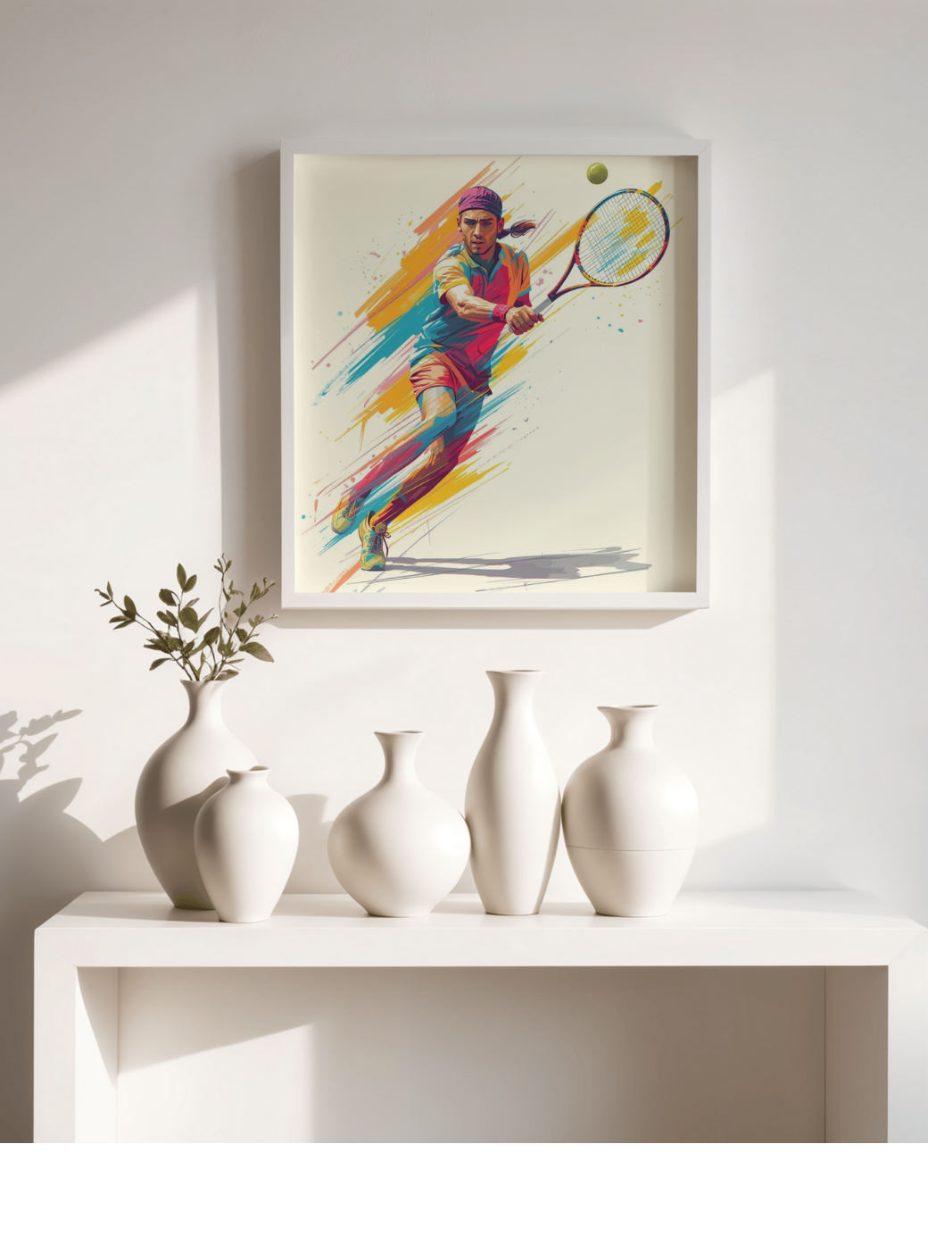 Framed artwork of a tennis player on a wall above a white shelf with decorative vases.