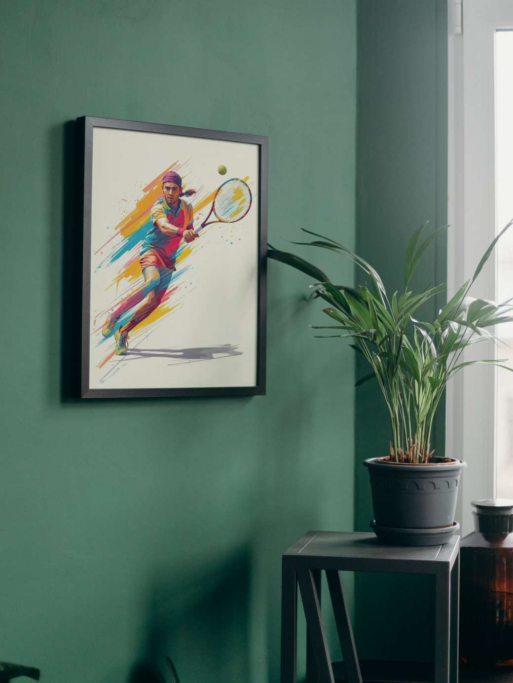 Framed artwork of a tennis player on a green wall with a plant and stool in the foreground.
