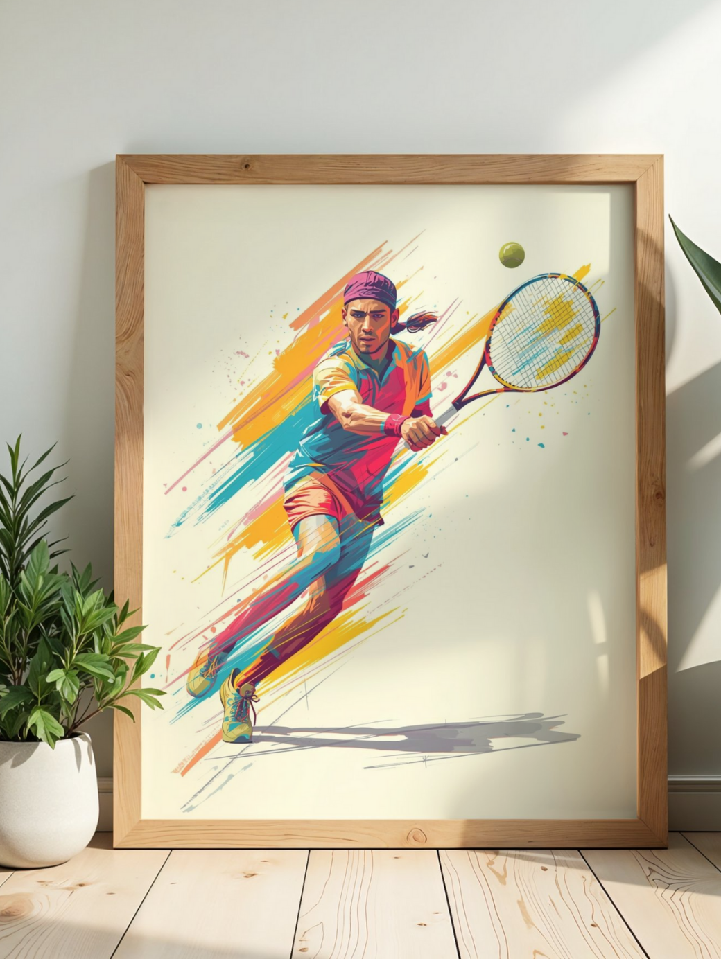 Framed artwork of a tennis player in action on a white wall.
