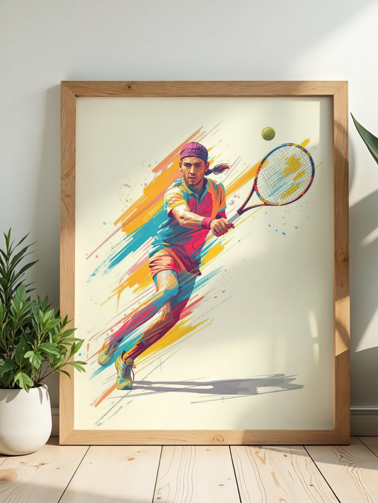 Framed artwork of a tennis player in action on a white wall.