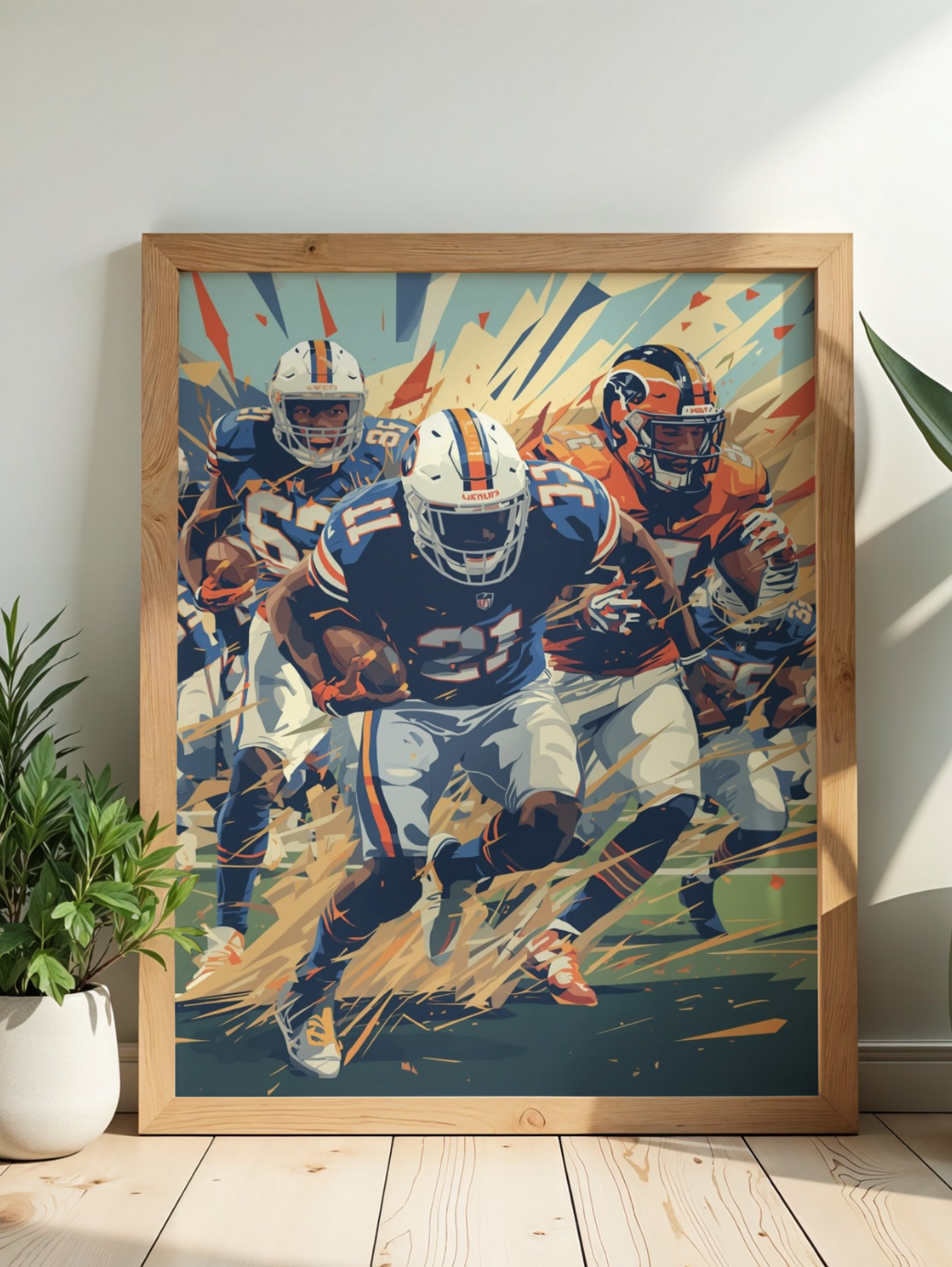 Framed artwork of football players on a wall with a plant and wooden floor.
