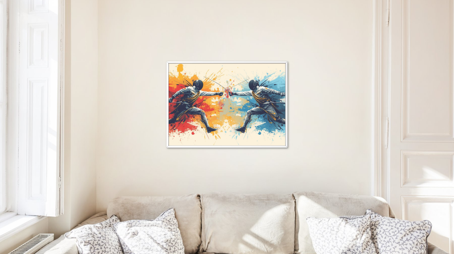 Colorful abstract painting of two figures on a wall above a sofa.