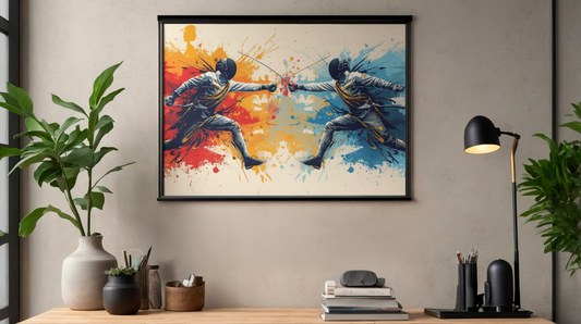 Framed artwork of two fighters on a colorful background in a modern office setting.