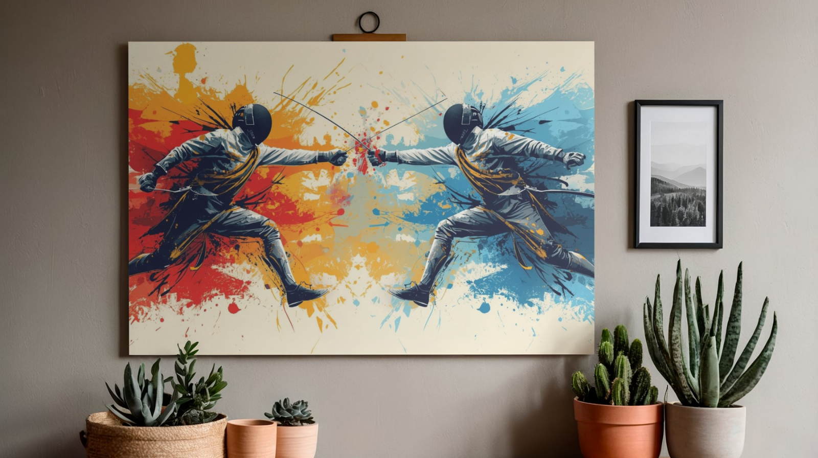 Colorful painting of two fencers on a wall in a room with plants.