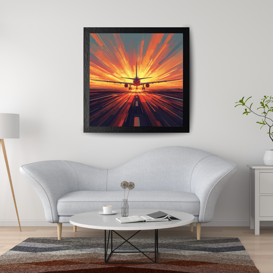 Framed artwork of an airplane at sunset on a wall above a sofa in a living room.