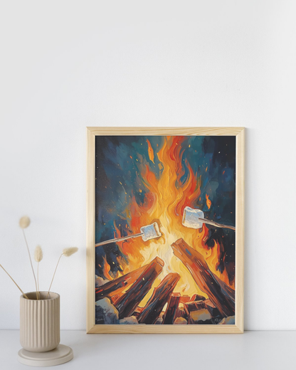 Framed artwork of marshmallows roasting over a campfire on a white wall.