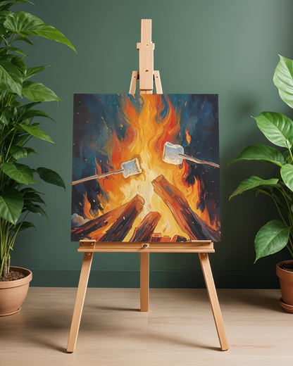 Painting of marshmallows roasting over a campfire on an easel against a green wall.
