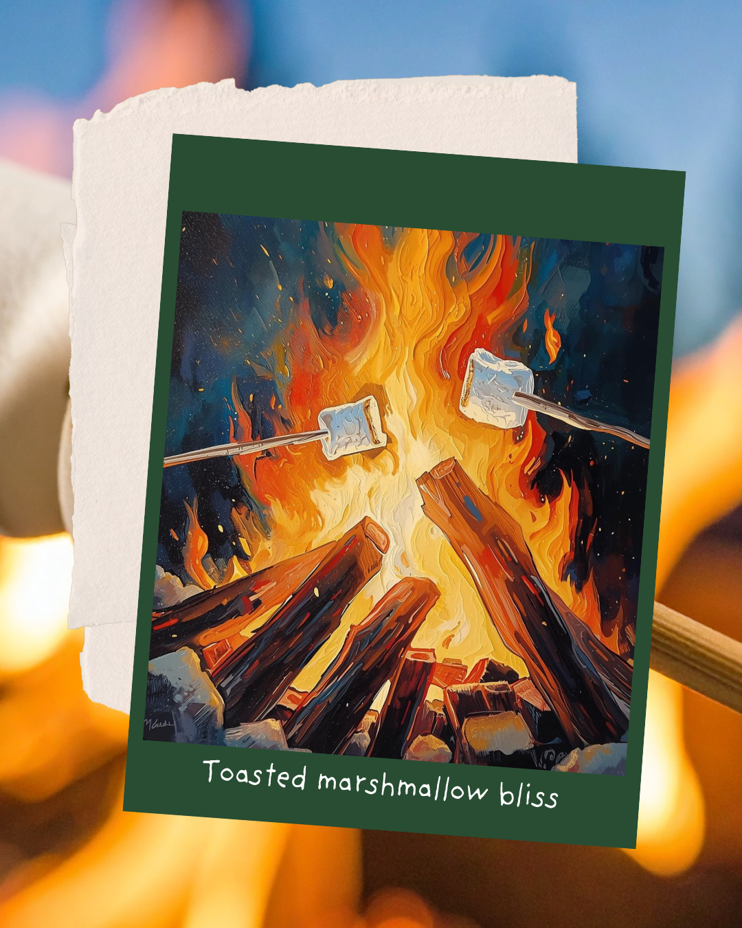Card with marshmallows over a campfire and 'Toasted marshmallow bliss' text.
