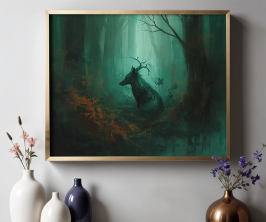 Mystic Forest Wolf Wall Art Poster | Dark Green Woodland Matte Print