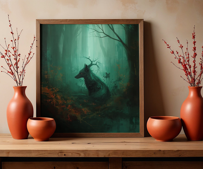 Mystic Forest Wolf Wall Art Poster | Dark Green Woodland Matte Print