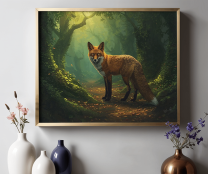 Fox in Enchanted Forest Wall Art Poster | Matte Horizontal Wildlife Print