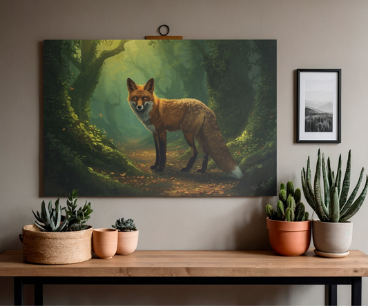 Fox in Enchanted Forest Wall Art Poster | Matte Horizontal Wildlife Print