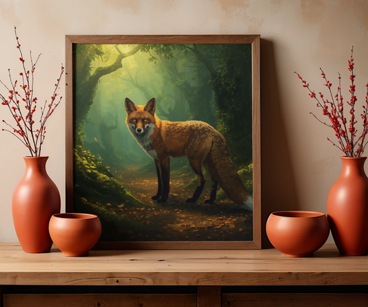 Fox in Enchanted Forest Wall Art Poster | Matte Horizontal Wildlife Print