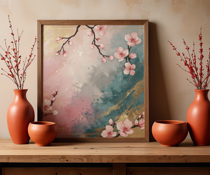 Blush & Teal Floral Abstract Poster | Matte Horizontal Wall Decor
