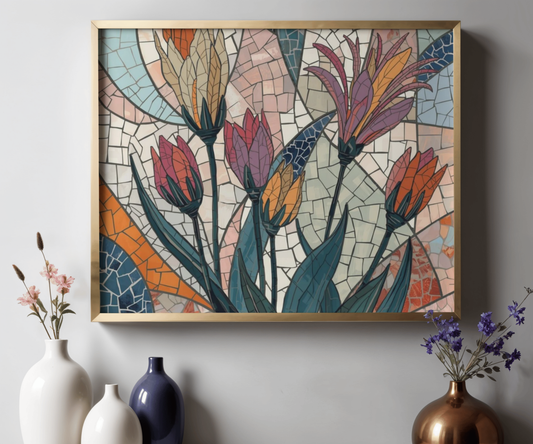 Botanical Mosaic Poster – Matte Horizontal Vintage Floral Print