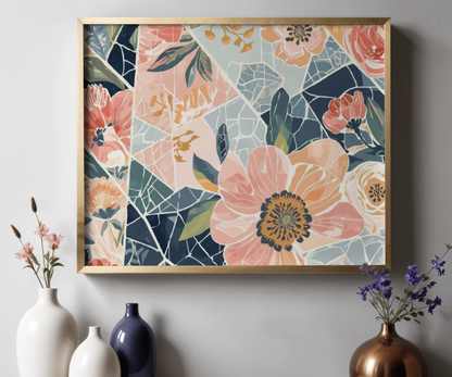 Floral Mosaic Matte Poster — Horizontal Botanical Wall Art, Modern-Boho Decor