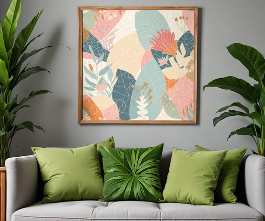 Botanical Mosaic Matte Horizontal Poster — Pastel Floral Wall Art, Calm Home Decor