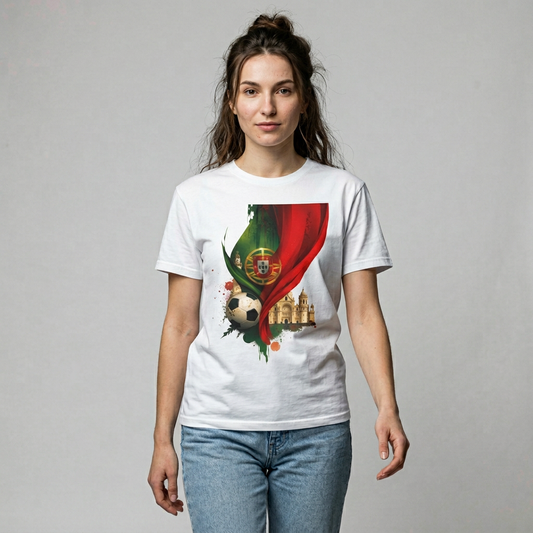 Person wearing a white t-shirt with a colorful design on a plain background