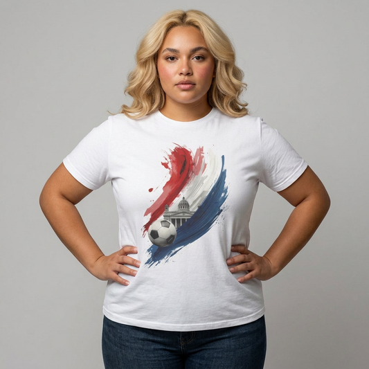 Woman wearing a white t-shirt with a graphic design on a gray background