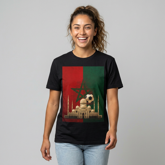 Morocco Flag Mosque Soccer T-Shirt — Moroccan Football Fan Tee