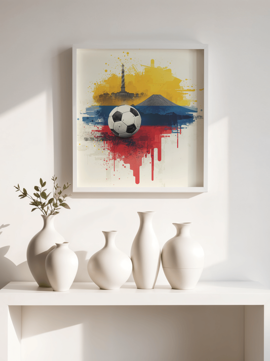 Ecuador Soccer Poster — Matte Flag Art with Pichincha Volcano & Quito Monument Art