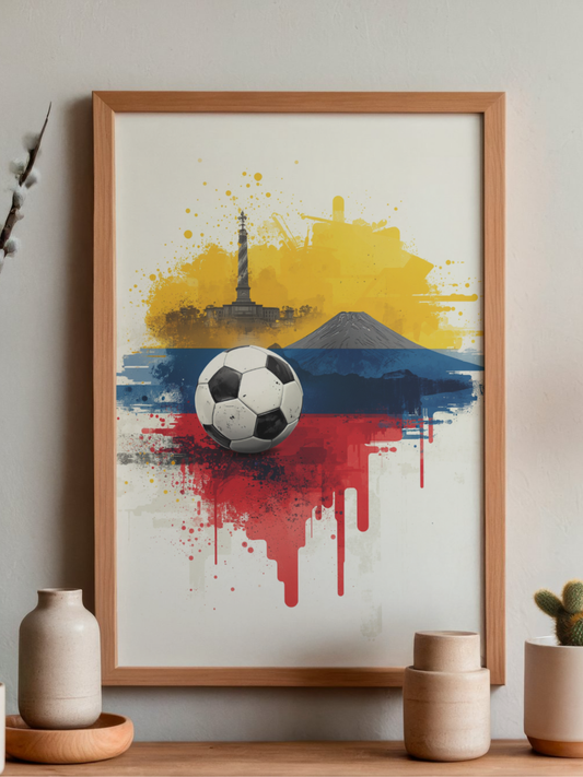 Ecuador Soccer Poster — Matte Flag Art with Pichincha Volcano & Quito Monument Art