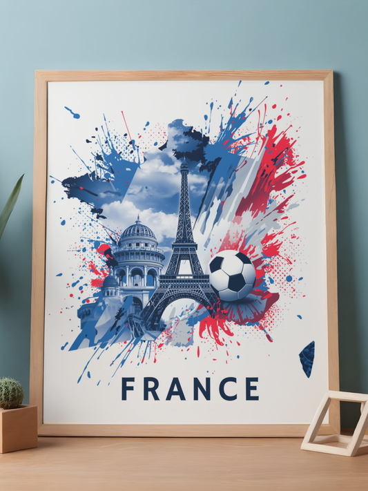 France Soccer Poster — Eiffel Tower & Football Matte Vertical Wall Art Print