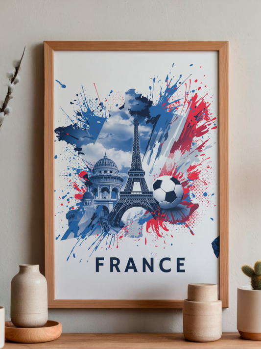 France Soccer Poster — Eiffel Tower & Football Matte Vertical Wall Art Print