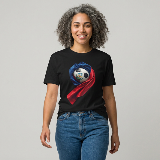Haitian Soccer Ball T-shirt Enveloped in Flag Fabric with Coat of Arms Tee