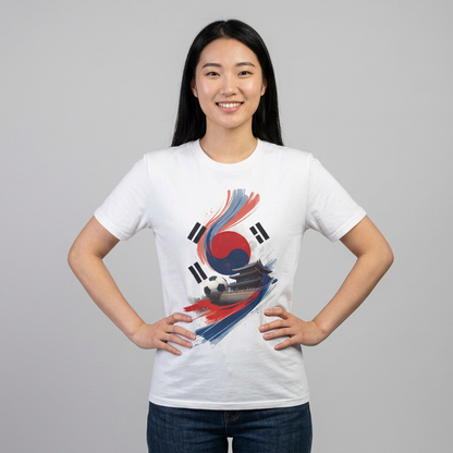South Korea Flag Soccer T-Shirt — Taeguk & Hanok Brushstroke Design Tee