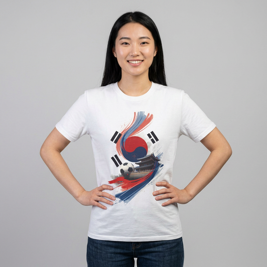 South Korea Flag Soccer T-Shirt — Taeguk & Hanok Brushstroke Design Tee