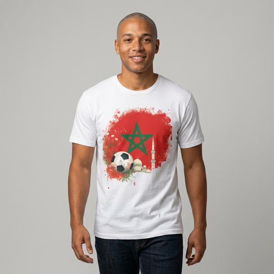 Morocco Soccer Fan T-Shirt — Moroccan Flag, Football & Mosque Graphic Tee