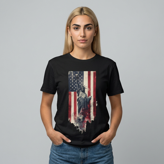Statue of Liberty American Flag Soccer T-Shirt — Patriotic USA Graphic Tee