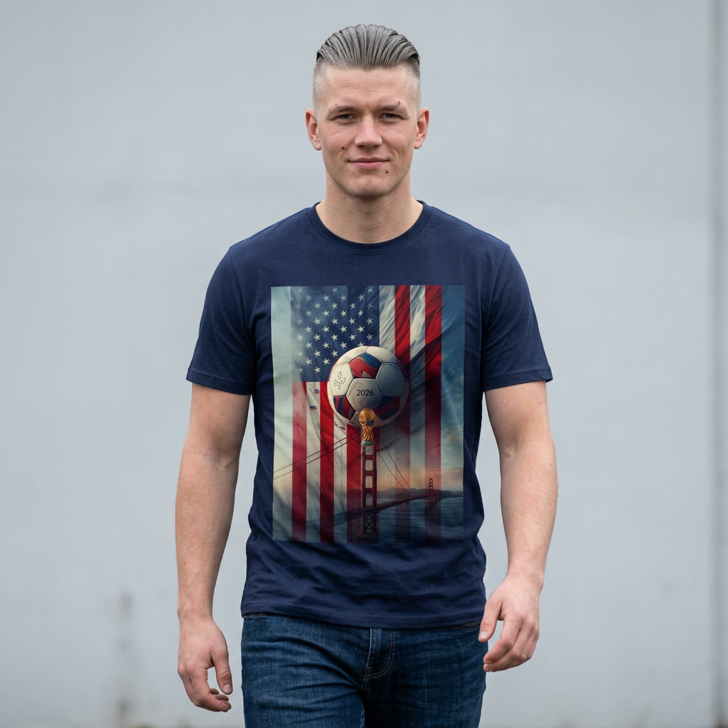 American Soccer Poster T-Shirt — Golden Gate Ball & Flag Graphic Tee